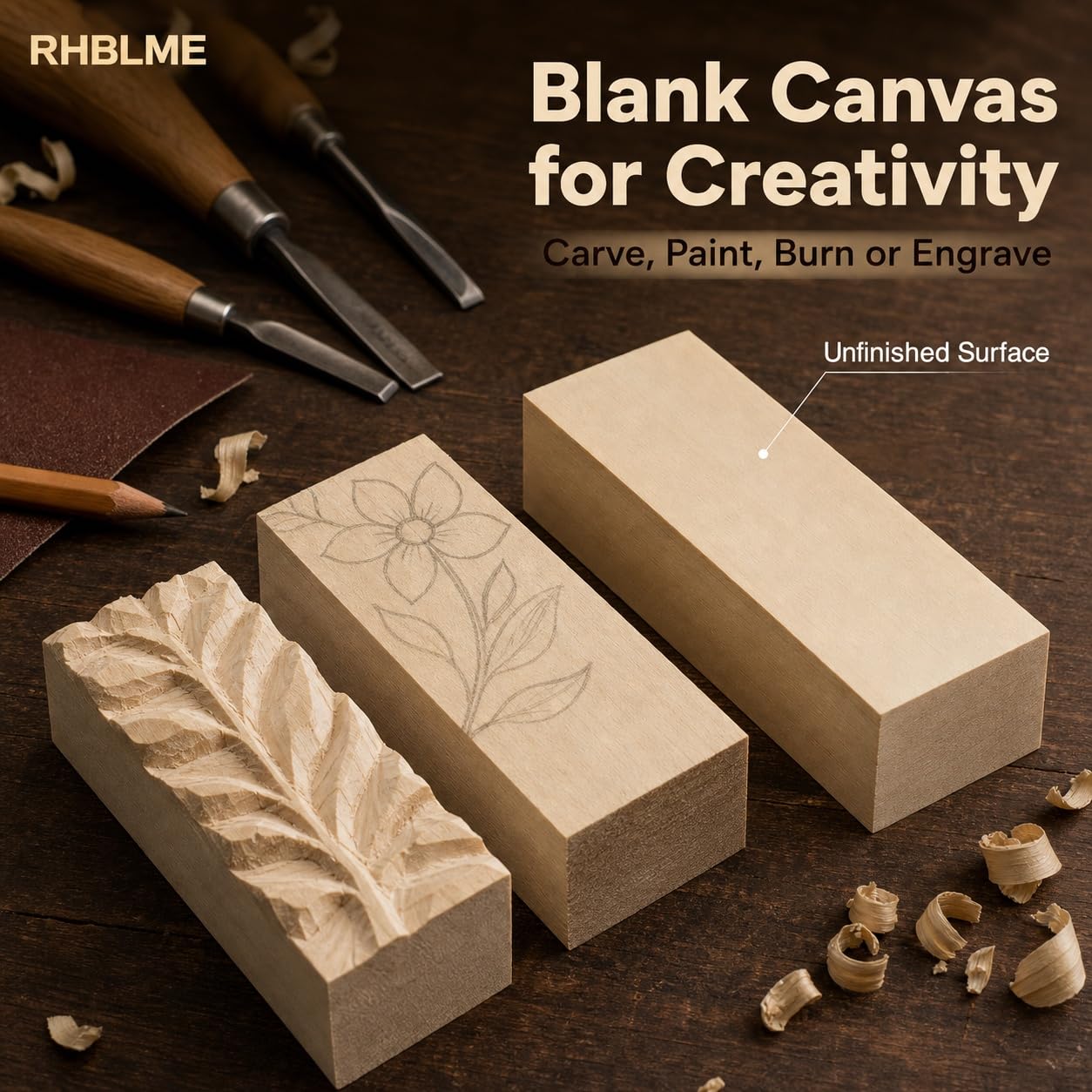 RHBLME 40 PCS Basswood Carving Blocks, 4" x 1" x 1" Unfinished Wood Blocks for Carving, Wooden Cubes Soft Solid Wooden Basswood for Wood Carving Beginners or Expert Carvers and Whittling