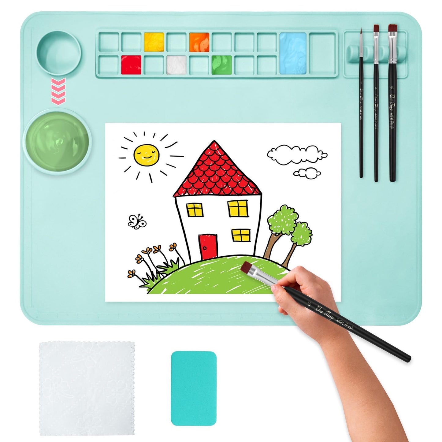 OSDUE Silicone Painting Mat, 20" x 16"Silicone Art Mat with Cup, Kids Painting Mats for Crafts - Thick Large Artist Mats for Resin DIY Drawing Clay and Play Doh - (Blue)