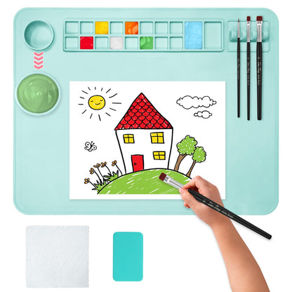 OSDUE Silicone Painting Mat, 20" x 16"Silicone Art Mat with Cup, Kids Painting Mats for Crafts - Thick Large Artist Mats for Resin DIY Drawing Clay and Play Doh - (Blue)
