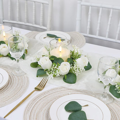 Acmee White Rose Candle Rings with Flameless Candles Sets - 24PCS Artificial Flower Eucalyptus Wedding Centerpiece 3 Inch Pillar Candleholders Wreaths for Wedding Party Decor (White - 12 Sets)