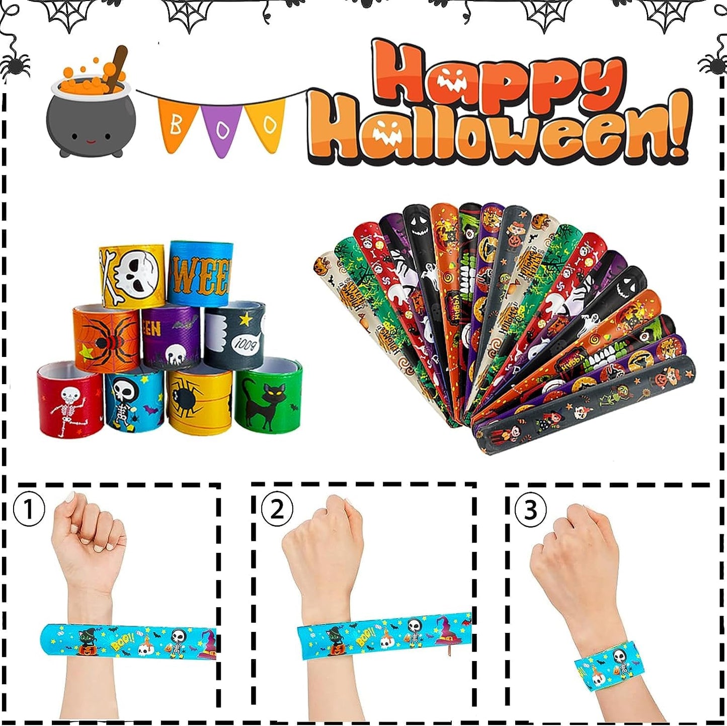 SUNPROUND 100Pcs Halloween Slap Bracelets, Halloween Party Favors Treat Toys for Kids Girls Boys, Slap Bracelets Bulk for Halloween Party Supplies, Halloween Treat Goodie Bags Gifts