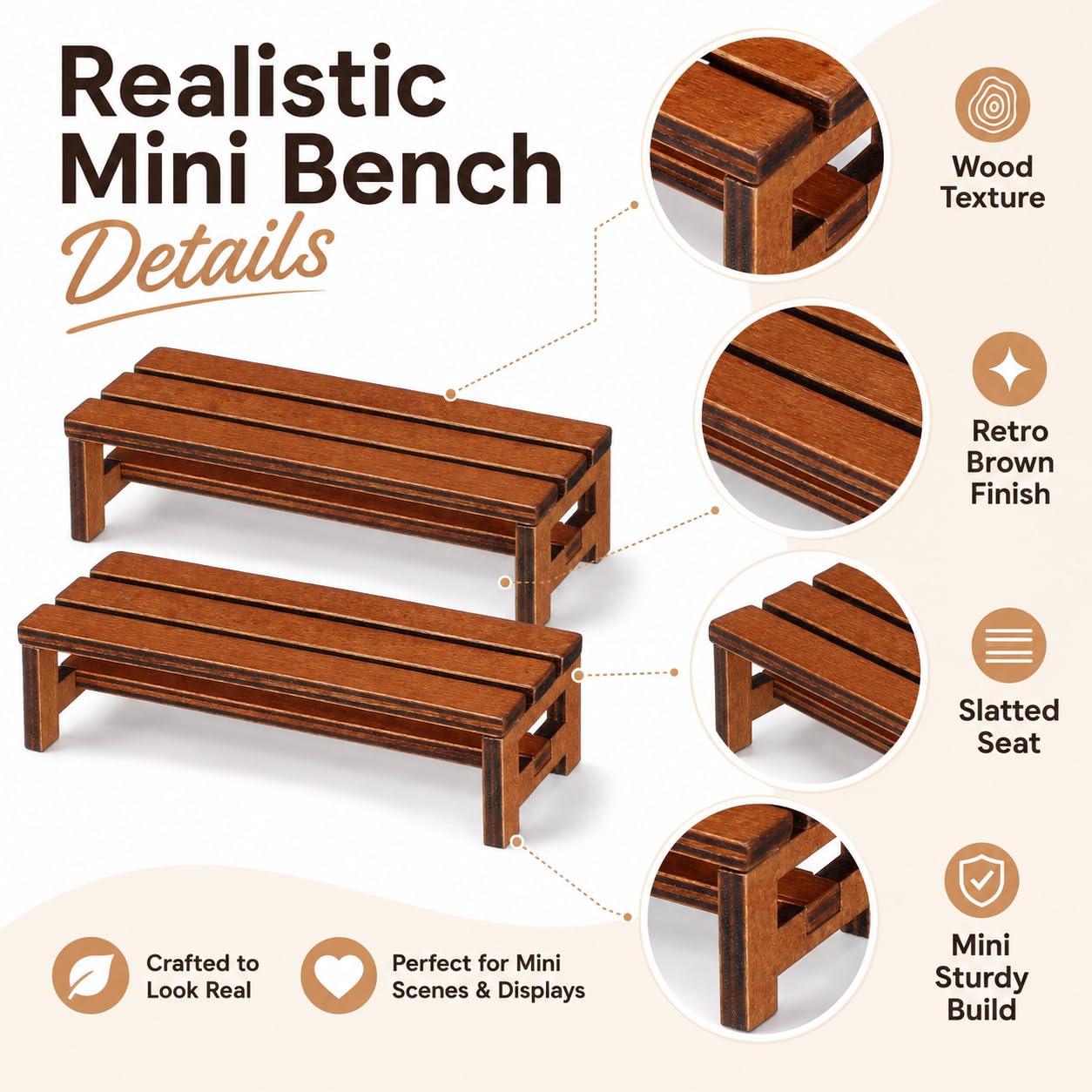 DECHOUS 2 Pack Miniature Wooden Bench for Dollhouse Furniture - Fairy Garden Bench Dollhouse Accessories for Doll House Garden Park Decoration