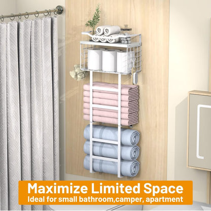 Towel Racks for Bathroom Wall Mounted, 4 tire Bath Towel Storage - with 2 Pack Towel Shelf and Floating Shelves Over Toilet, Rolled Towel Holder Shelf Organizer, Sturdy Metal & Wood, 34inch, White
