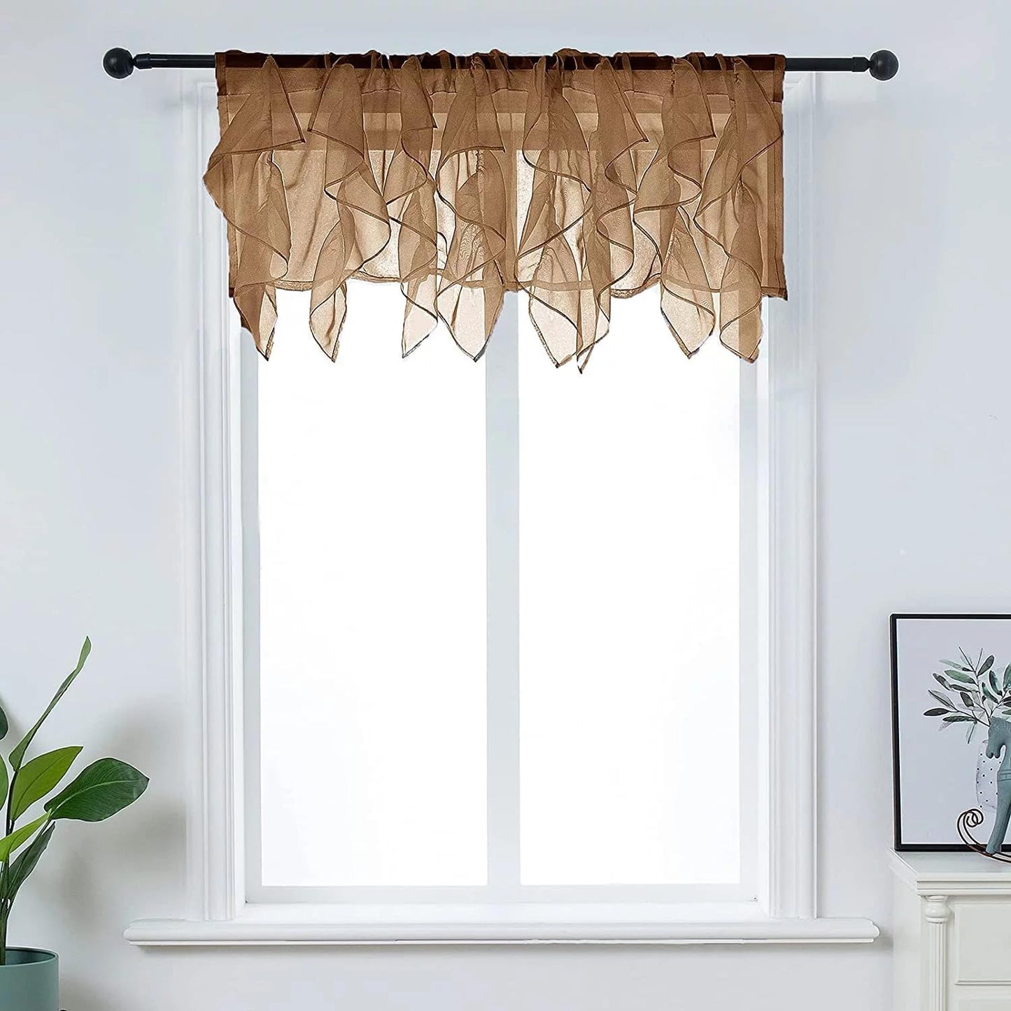 PearAge Rust Brown Ruffled Voile Semi Sheer Curtain Valance, Shabby Chic Ruffle Valance 50x16 Inches
