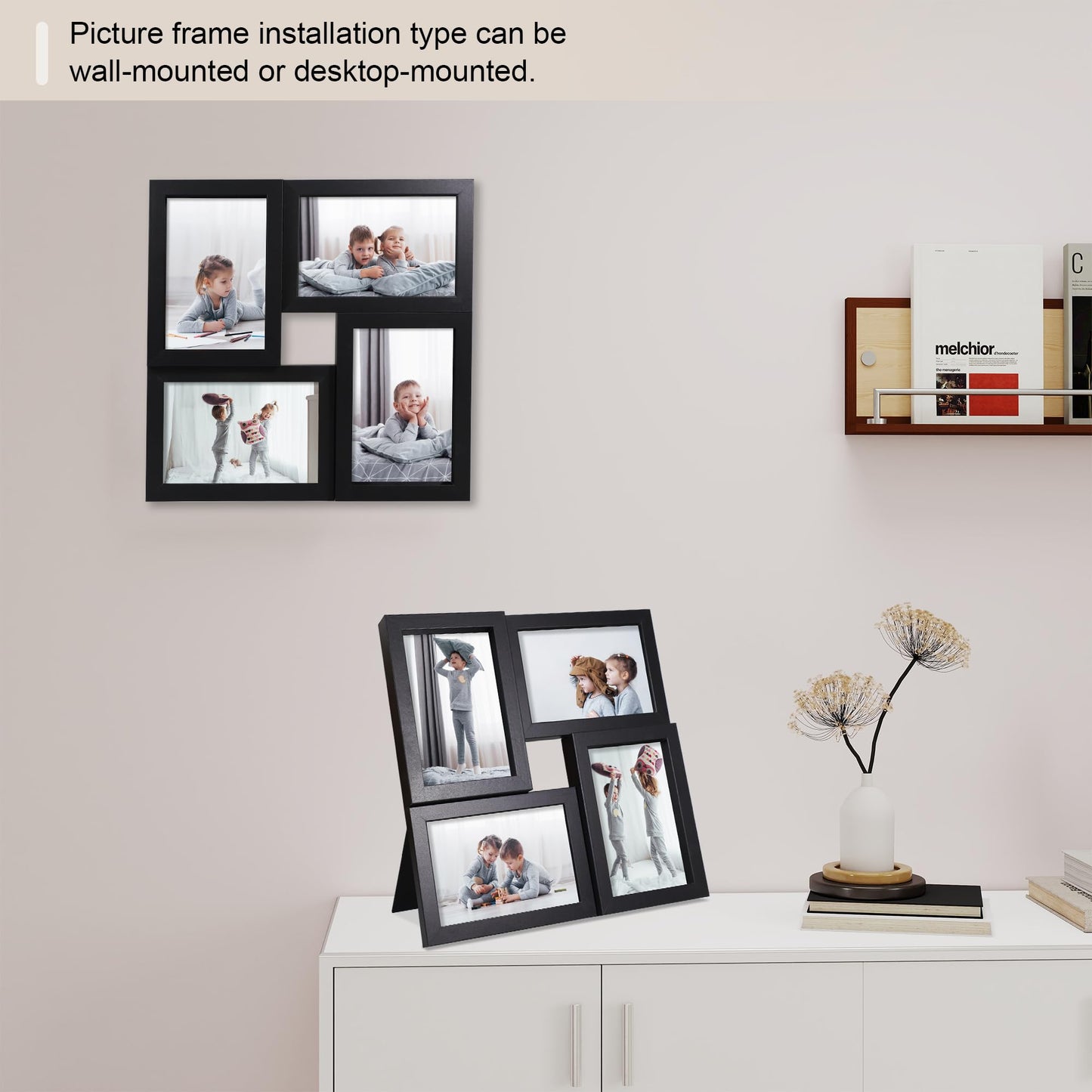 THKRLOF 4x6 Picture Frames Collage 1 Pack, 4 Opening Multi Family Photo Collage Frames with Real Glass for Wall Hanging or Tabletop, Black