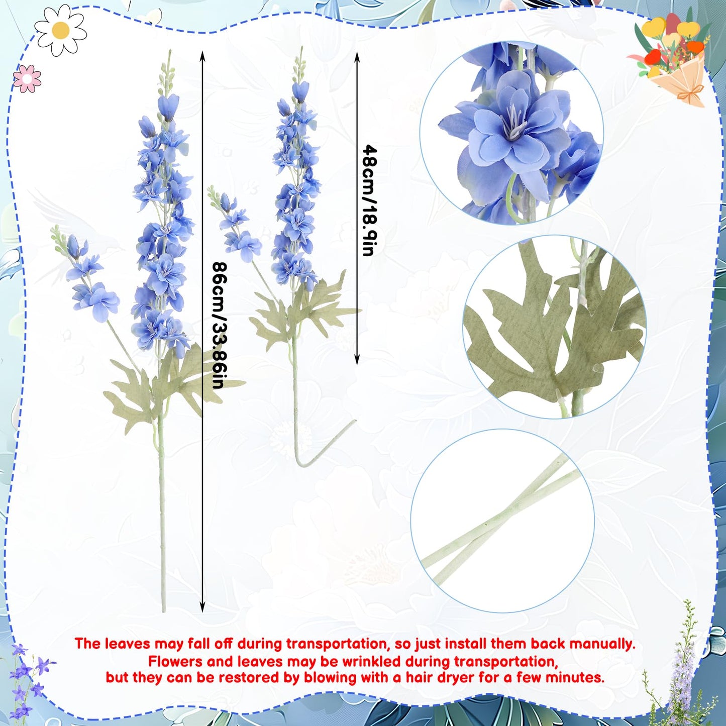 Ovveroche 10 Pcs Delphinium Artificial Flowers for Decoration, 33.86 Inch Long Stem Larkspur Fake Flowers Light Blue Faux Silk Bouquets for Tall Vase Wedding Home Decor Floral Arrangements(Dark Blue)