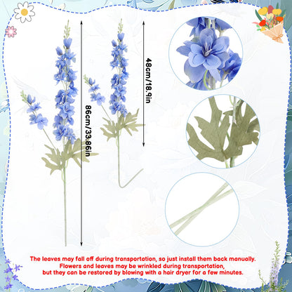 Ovveroche 10 Pcs Delphinium Artificial Flowers for Decoration, 33.86 Inch Long Stem Larkspur Fake Flowers Light Blue Faux Silk Bouquets for Tall Vase Wedding Home Decor Floral Arrangements(Dark Blue)
