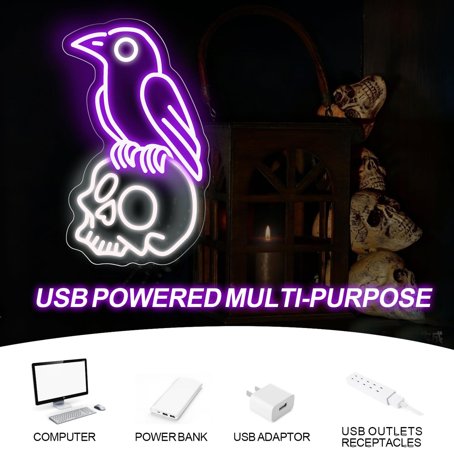 Raven on Skull Neon Sign, Purple Crow Cold White Skeleton LED Wall Light for Gothic Room, Halloween Decor, Man Cave, Dark Aesthetic Gift, Witchy Space 16.7" x 10.1"