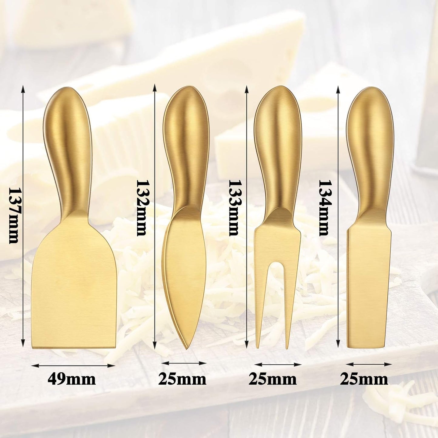 Patelai 4 Pieces Cheese Knives Set, Stainless Steel Tools with Cheese Slicer and Cutters (Gold)