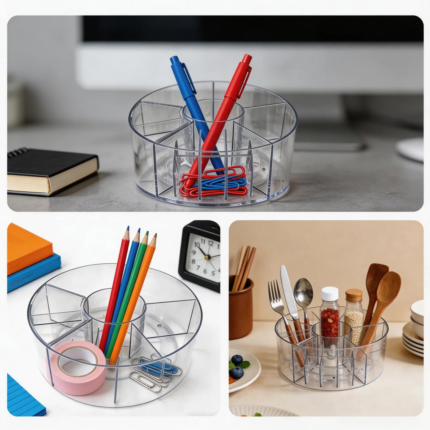 NaiSooten 360° Rotating Acrylic Makeup Organizer, Clear Makeup Brush Holder & Pen Holder, Multi-Compartment Rotating Organizer for Cosmetics, Office Supplies, Vanity & Desk