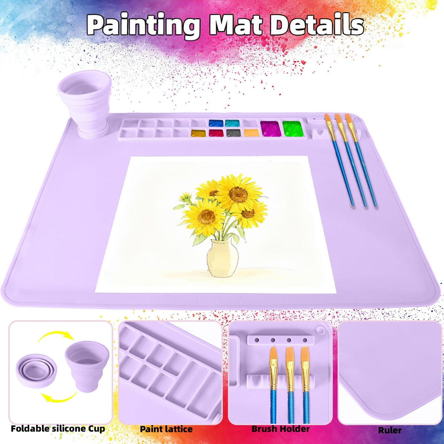 YESCOO Silicone Painting Mat, 20"X16" Craft Mat,Large Art Mat with Built in Cup and Paintbrush Holder, Nonslip Clay Mats, Color Dividers Silicone Mats for Painting, Table, Resin and DIY Purple