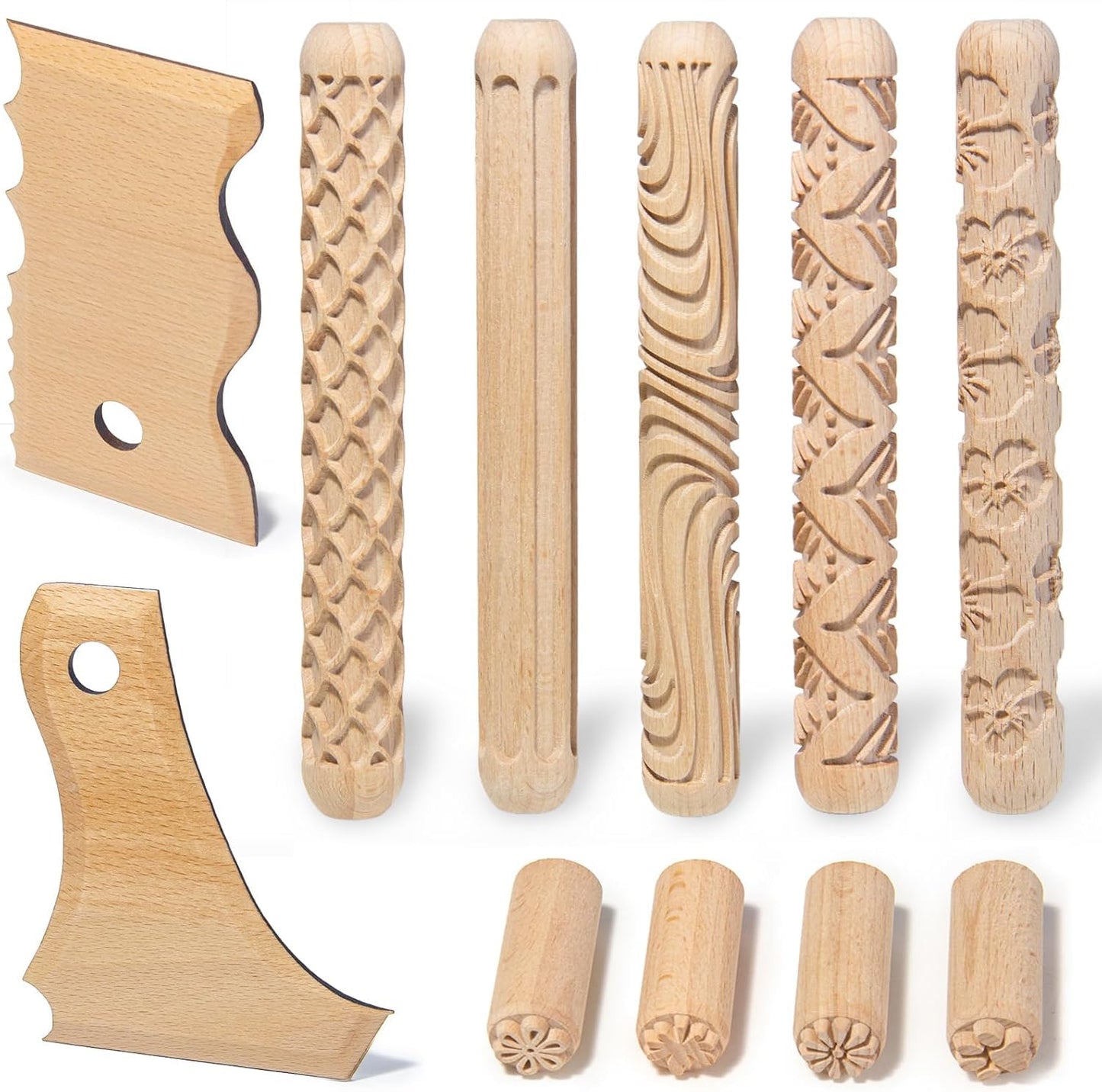 Krbnk 11Pcs Clay Pottery Tools Kit with 5 Clay Texture Rollers, 4 Clay Stamps, 2 Foot Shapers Pottery Ribs Trimming | All-in-One Ceramic Carving Set for Clay Molding & Sculpting & Ceramics
