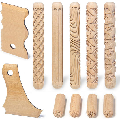 Krbnk 11Pcs Clay Pottery Tools Kit with 5 Clay Texture Rollers, 4 Clay Stamps, 2 Foot Shapers Pottery Ribs Trimming | All-in-One Ceramic Carving Set for Clay Molding & Sculpting & Ceramics