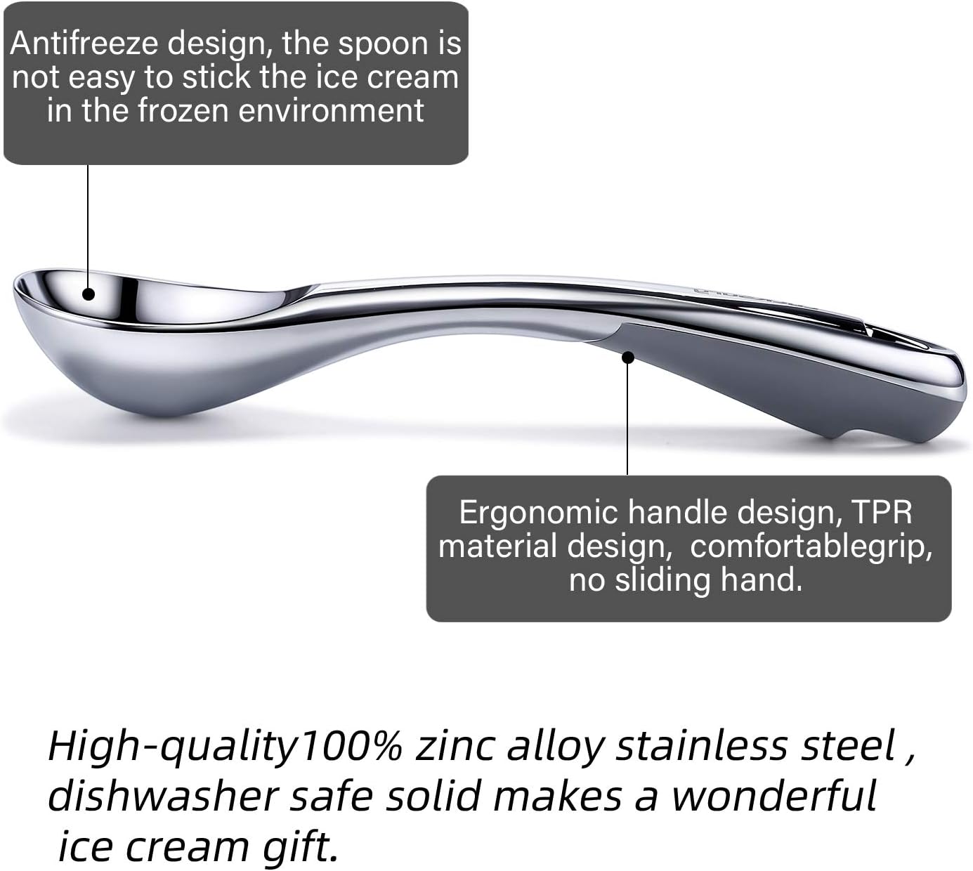 Heavy Duty Ice Cream Scoop, Commercial Antifreeze-Metal Scoop with Hook, Professional Easy-Grip Unbreakable (Silver)