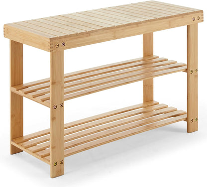 3-Tier 286lb 11.3 27.6 17.8 Inches, Sweetcrispy Shoe Rack Bench, Bamboo Entryway Storage Organizer, Capacity, Shoes