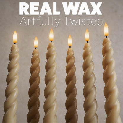 WYZworks 10" Flameless LED Taper Candles – Full Twisted Spiral – Light Tan, Set of 6 – Remote, 2/4/6/8-Hr Timer (24-hr Memory), Bottom On/Off Button, Dimmable, Battery Operated, Flicker/Steady