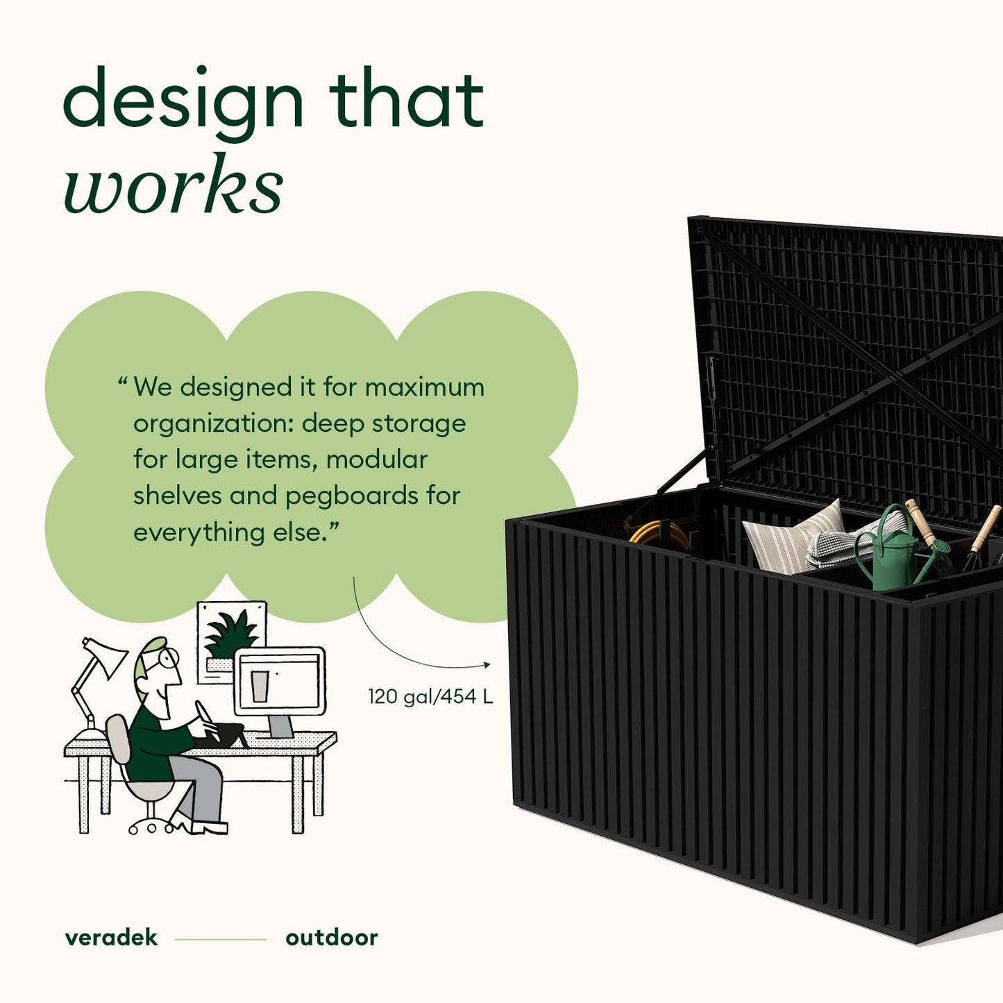 Veradek Everything Deck Box 120 Gallon | Lockable Storage Box and Organization for Patio Furniture, Outdoor Cushions, Throw Pillows, and Garden Tools