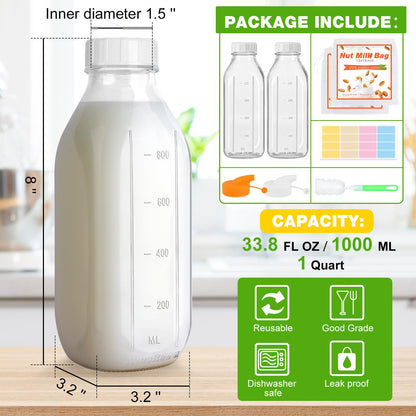 CARBLIN 32 Oz Glass Milk Bottles, 2 Pack Scale Mark Drinking Jug with 2 Nut Milk Bags& Airtight Screw Lid & Silicone Pour Cap& Stickers, 1 Quart Reusable Juice Bottle Water Pitcher for Coffee Yogurt