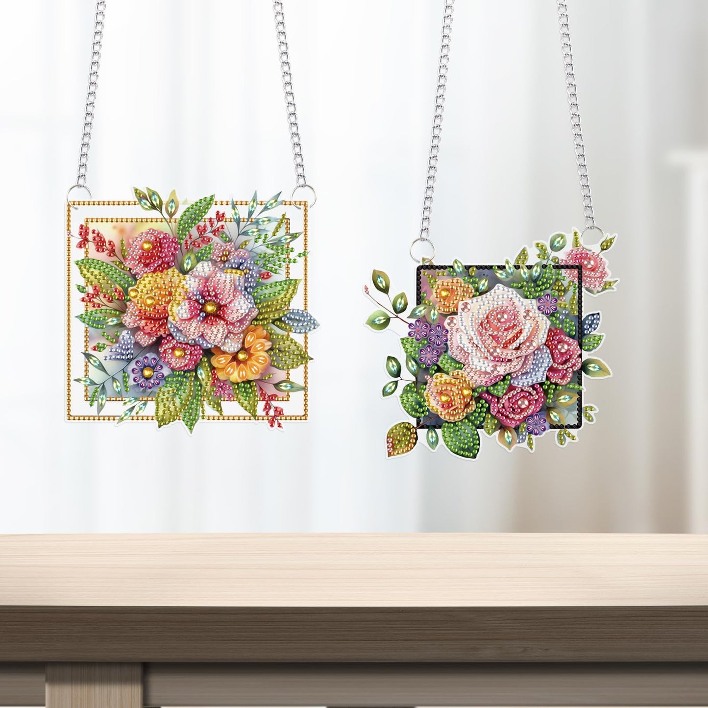 LazyFold 2 Pcs DIY Acrylic Diamond Art Painting Flowers Kits Special Shaped Rhinestone 5D Diamond Art Window Pendants Home Garden Wall Hanging Kits Hanging Ornament
