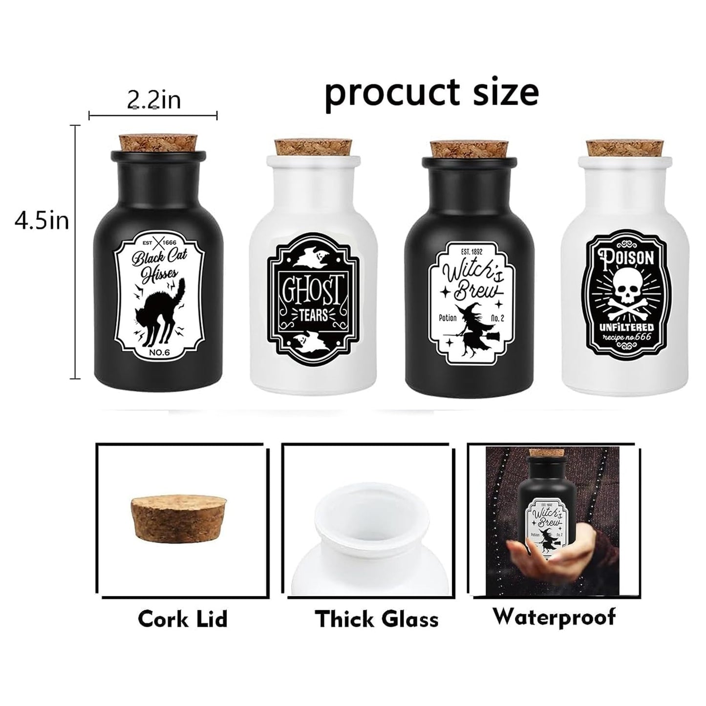 Sarybei Halloween Decorations for Home - Set of 4 Apothecary Potion Bottles with stickers - Scary Witch Poison Ghosts Black Cat Farmhouse Tiered Tray Decor For Home Table Party Supplies