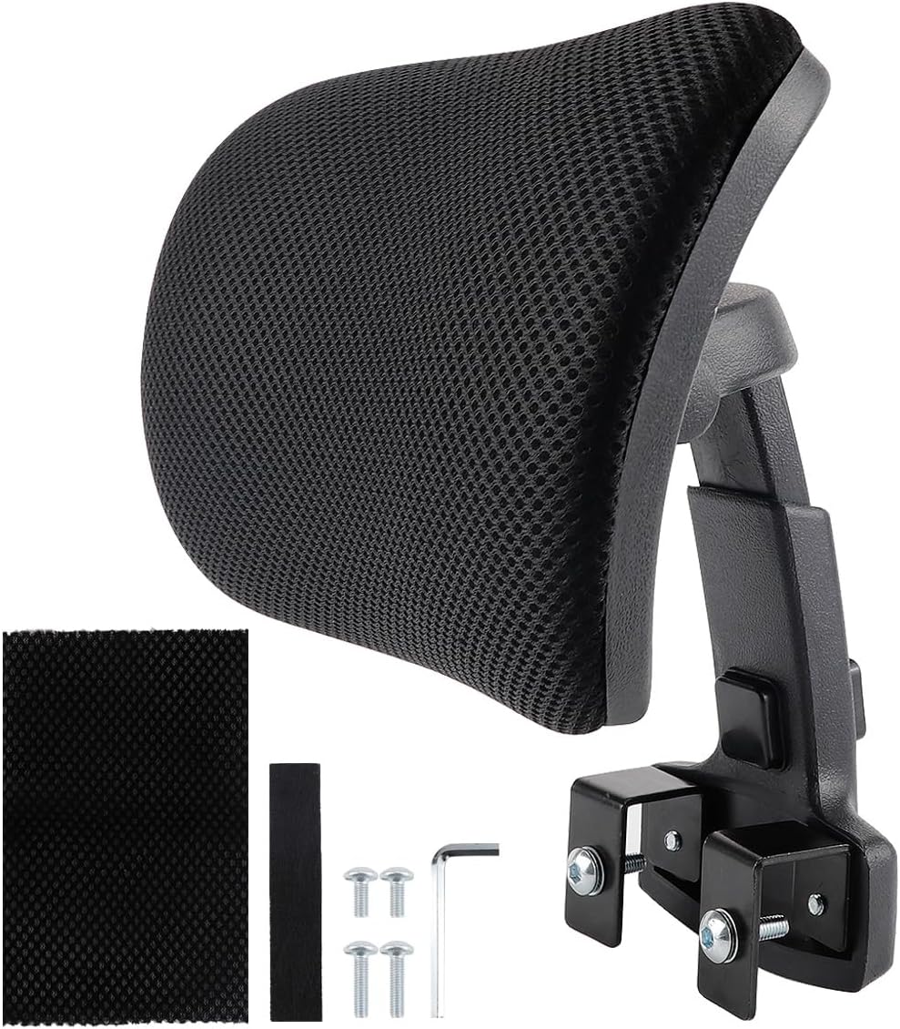 Black Mesh Office Chair Headrest Attachment, Adjustable Height Angle Head Support Cushion for Ergonomic Office Chair