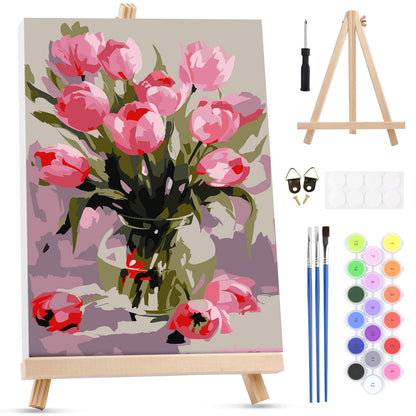 MXJSUA Pink Tulips Framed Paint by Numbers Kit for Adults Beginner with Wooden Easel, Adults' Paint-by-Numbers on Canvas, Easy DIY Acrylic Number Painting for Home Decor Gifts, 8x12 inch