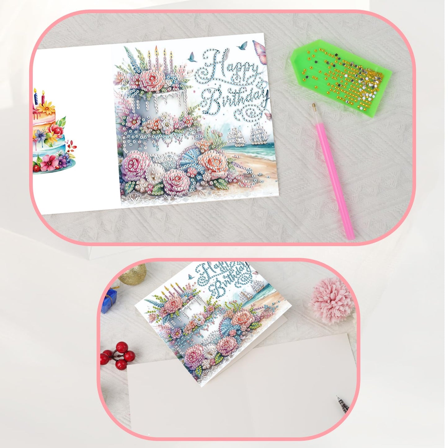 JISHSHAY 6 PCS Diamond Painting Happy Birthday Cards Flower Cake Diamond Art Greeting Cards with Envelopes Gem Art Gem Painting Embroidery Kit Mosaic Kits for Adults with Special Shape Drills