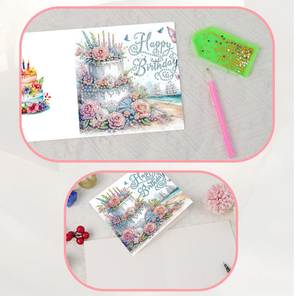 JISHSHAY 6 PCS Diamond Painting Happy Birthday Cards Flower Cake Diamond Art Greeting Cards with Envelopes Gem Art Gem Painting Embroidery Kit Mosaic Kits for Adults with Special Shape Drills