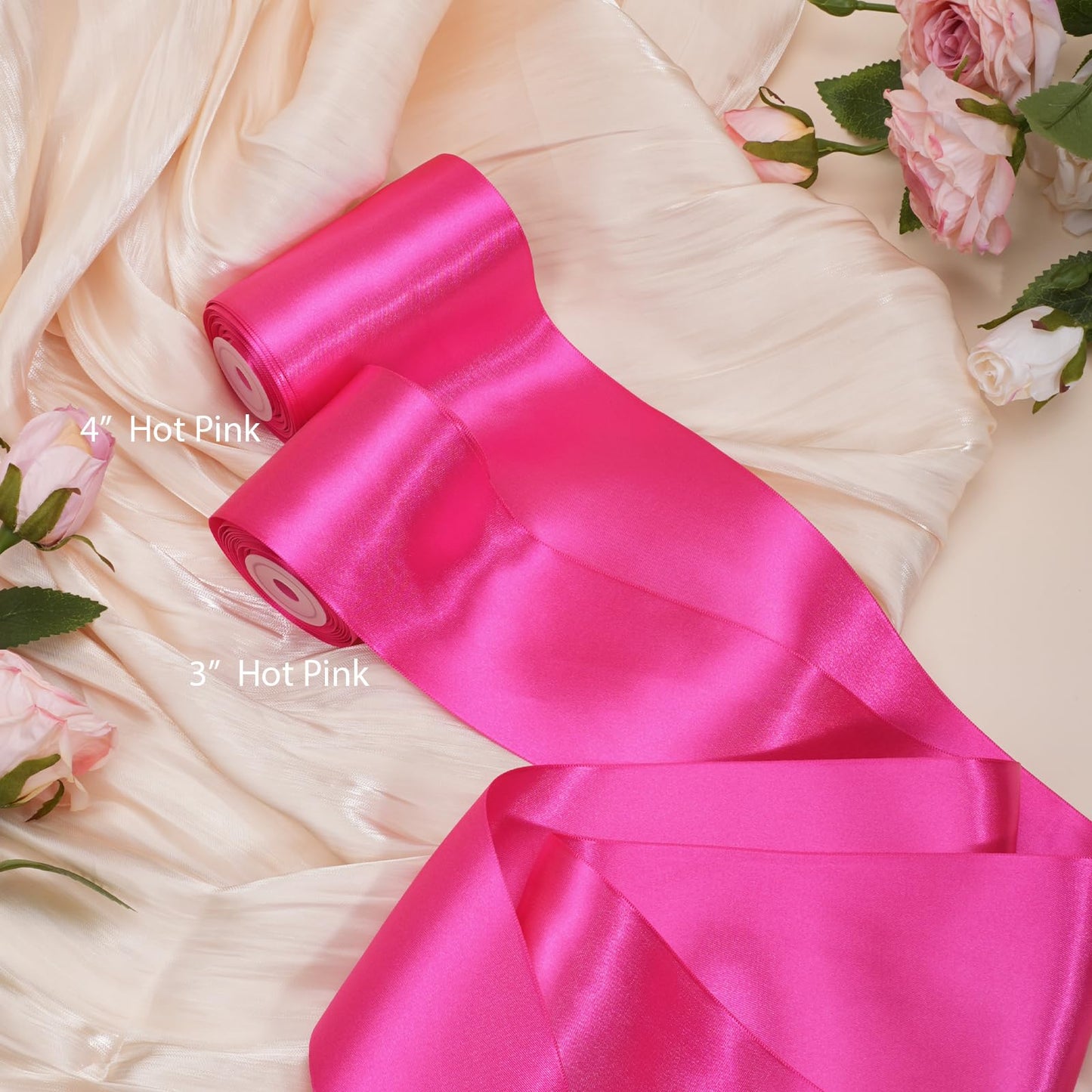 LaRibbons Hot Pink Satin Ribbon 4 Inch x 10 Yards Continuous Hot Pink Ribbon for Chair Sashes, Garland, Gift Wrapping, Christmas Decor, Craft Project