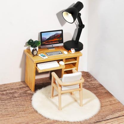 Hiawbon 11PCS 1:12 Scale Miniature Office Furniture Set, Miniature Office Table and Chair, Mini Simulation Desktop Computer with Mouse Keyboard Model Simulation Accessories for Mini House