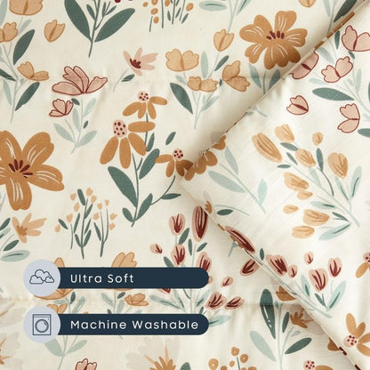 Wake In Cloud - Cot Nap Mat with Pillow and Blanket, for Toddler Kids Girls Ages 3 Plus in Daycare Kindergarten Preschool with Elastic Corner Straps, Floral Botanical Flowers, Orange Cream