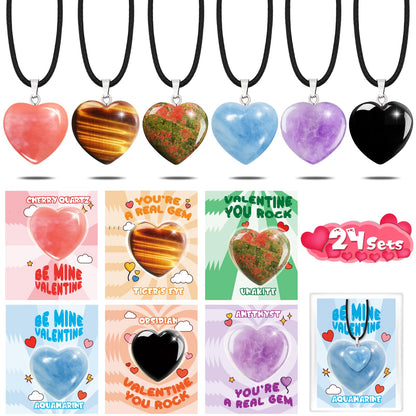 Arfun Valentines Day Cards Gifts for Kids School, 24 Pack Heart Gem Necklaces Valentines Goodie Bags for Classroom, Valentine Exchange Party Favors Rock Crystal Stone Pendants for Girls Boys Class