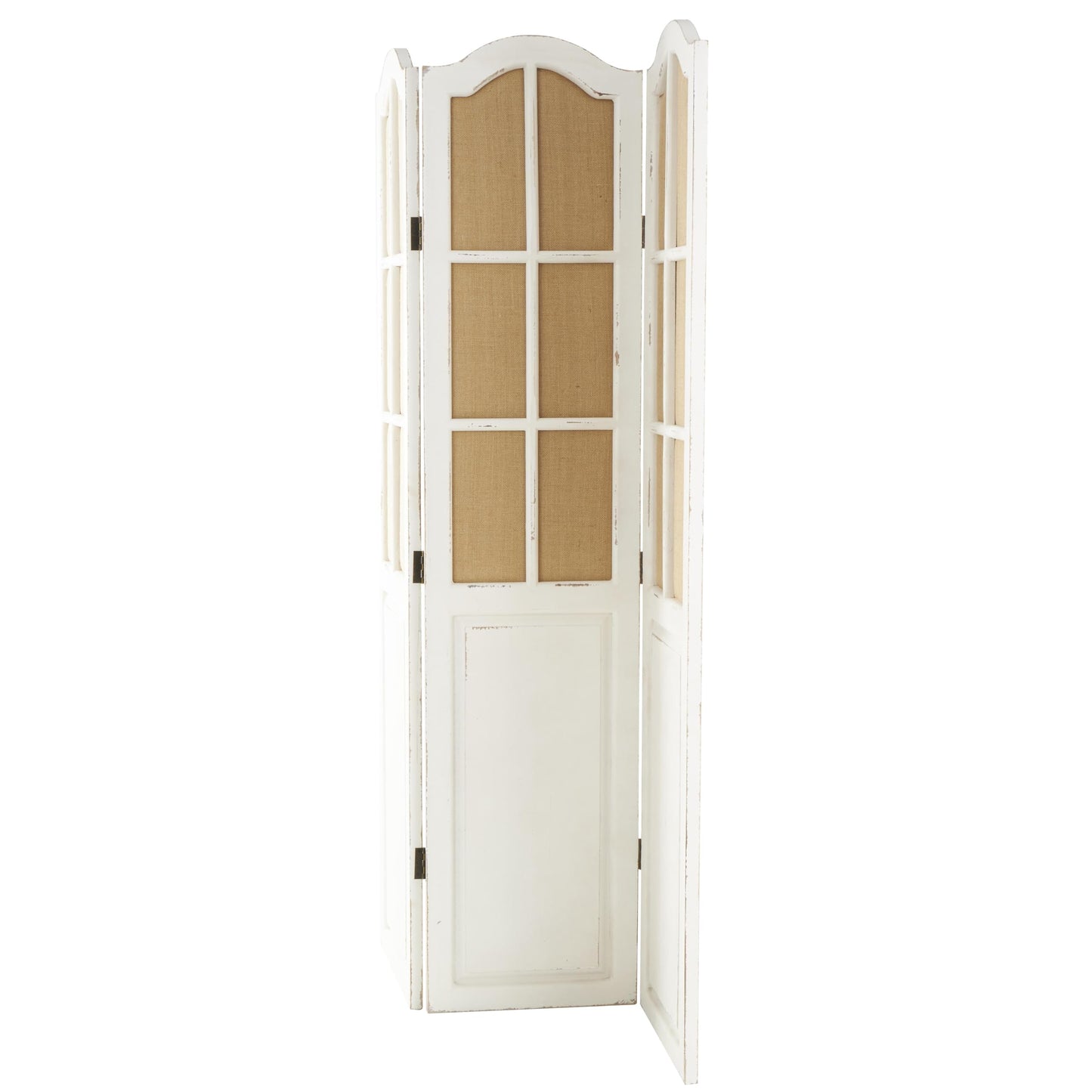 Deco 79 Wood Partition Room Divider Screen Hinged Foldable Partition 3 Panel Privacy Screen with Burlap Window Pane Design, Room Partition 48" x 1" x 71", Beige