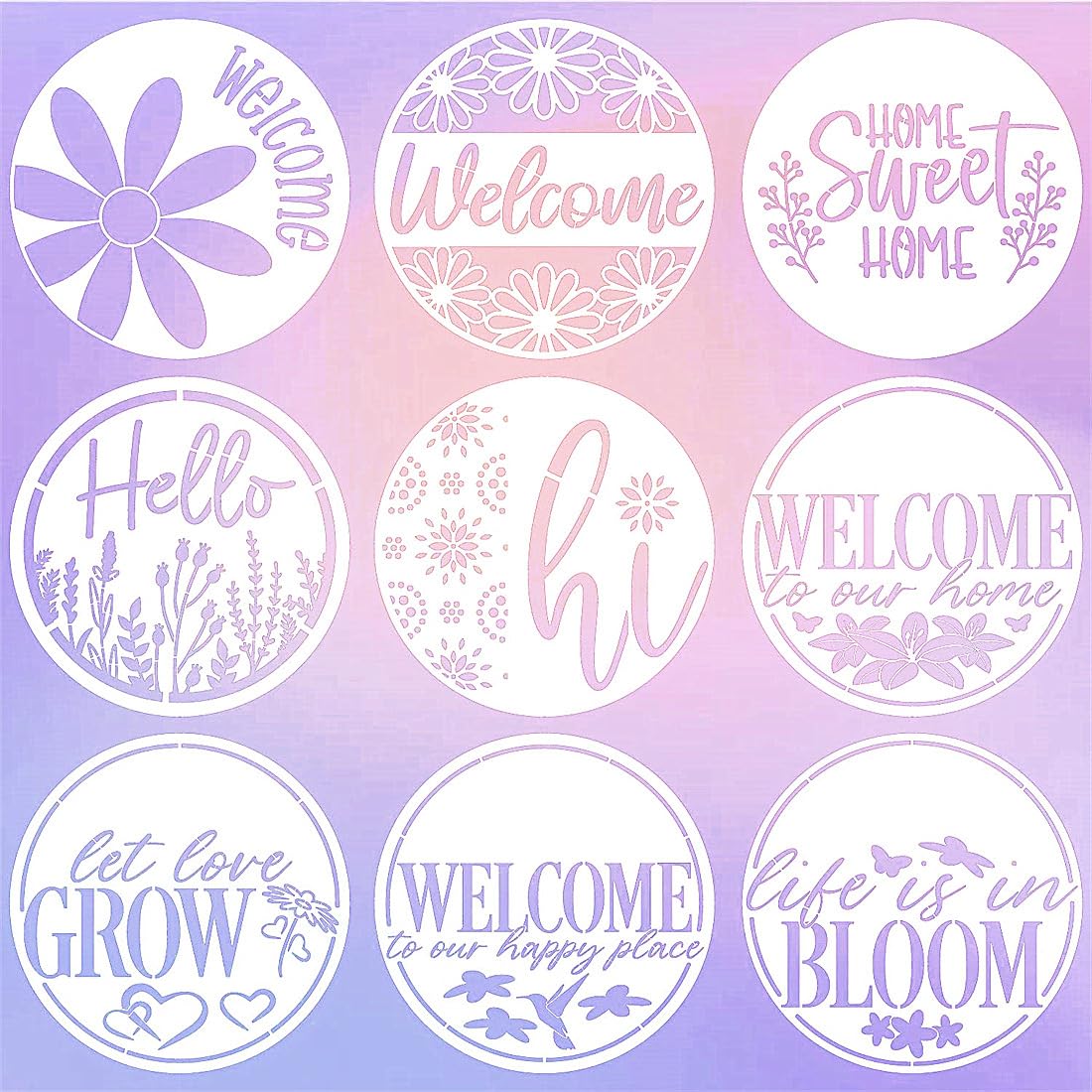 Baychendoo 9Pcs Welcome Stencils Set, 12" Round Spring Flower Designs, Reusable Templates for Door Hangers, DIY Crafts Wood Signs Painting Stencils for Home Decor