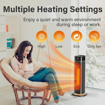 24" Space Heater, JRD Fast Heating Portable Electric Heater with Remote, Night Light, 80° Oscillation,4 Mode, Overheat&Tip-Over Protection, Ceramic Heat for Bedroom Office Indoor