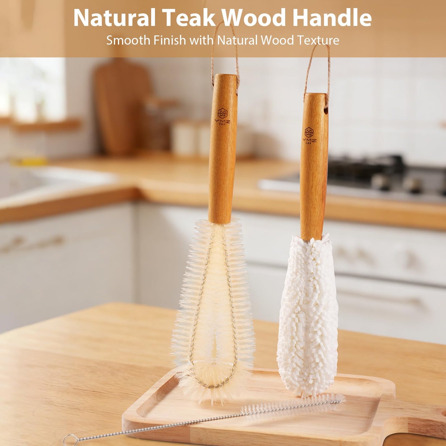 YMZ C&A Bottle Brush Cleaner Set-Teak Wood Handle for Glass Cups, Coffee Cups, Mugs, and Sport Bottles