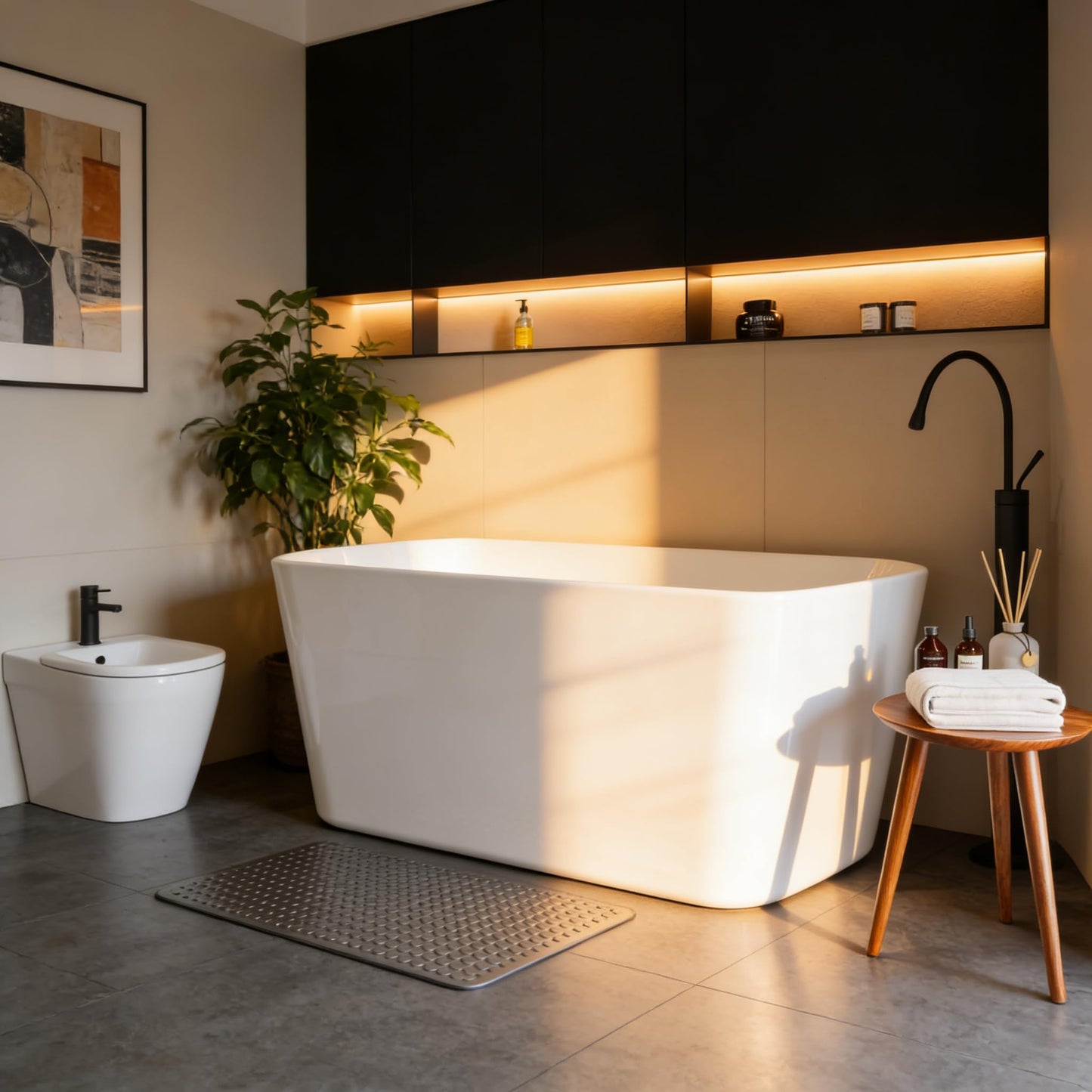 49" Acrylic Freestanding Soaking Bathtub, Matte Black Drain & Overflow, Modern Design Unique Tub for Home Bathroom Renovations, Glossy White