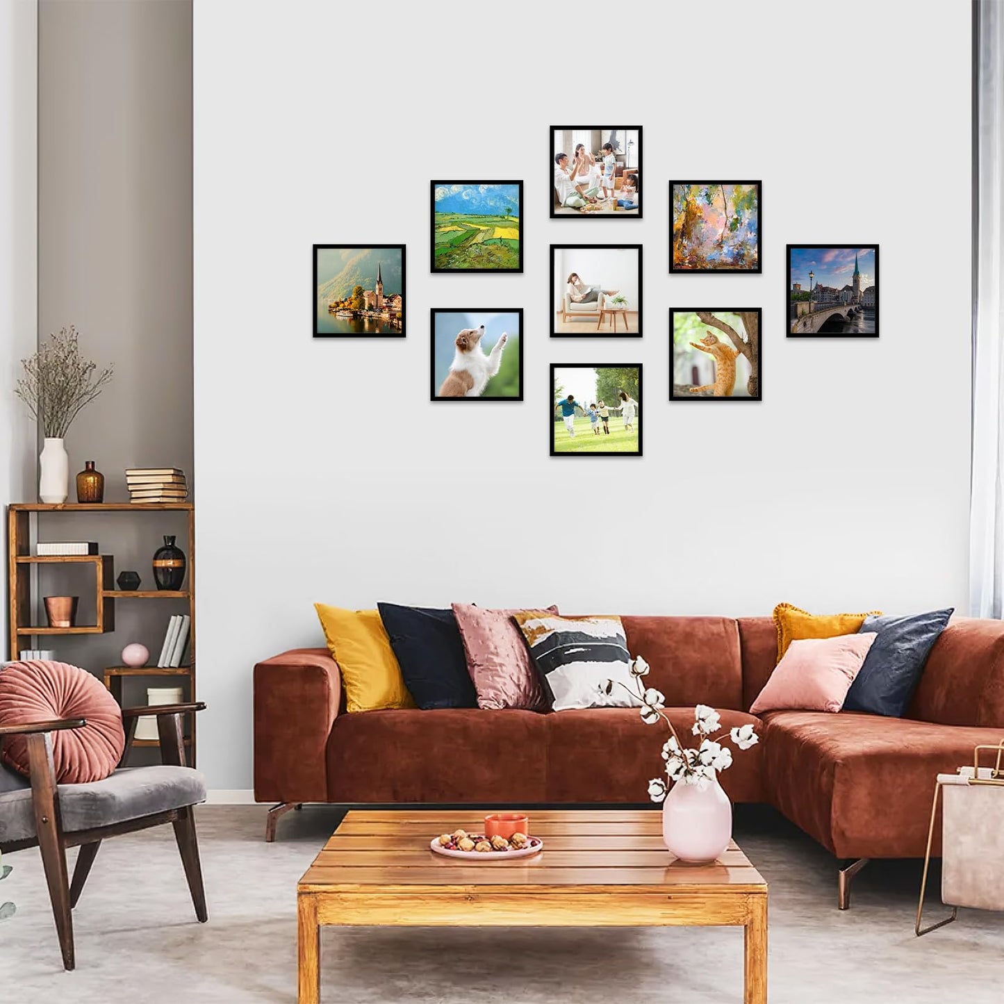 Happy Reunion 8x8 Picture Tiles | Mix Tiles Picture Frames Stick on Wall | Photo Tiles Peel and Stick Picture Frames as Gallery Wall Frame Set (White - 9 Pcs)