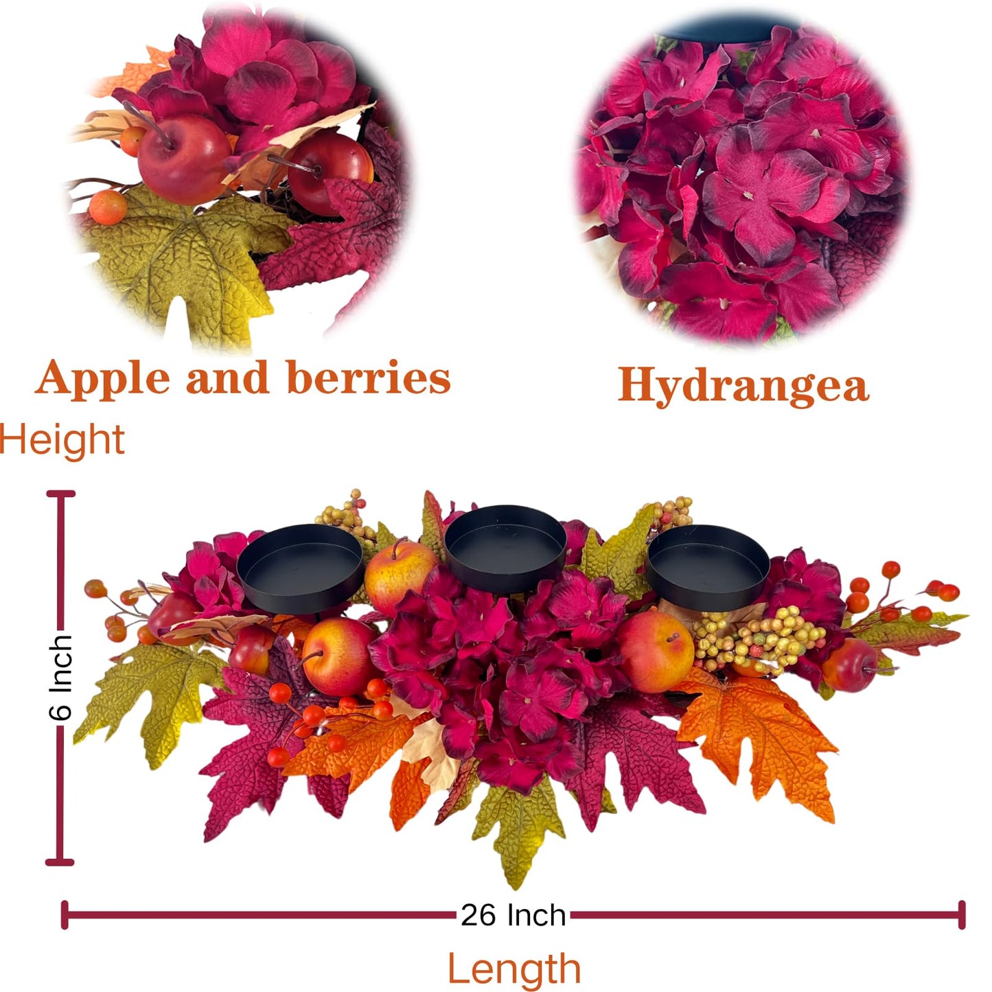 Svndlyn Thanksgiving Centerpiece with 3 Candle Holders,Fall Harvest Decor,Autumn Fall Maple Leaves Apple Berry Hydrangeas Candle Holder Floral Centerpiece for Thanksgiving Décor,Harvest Festival