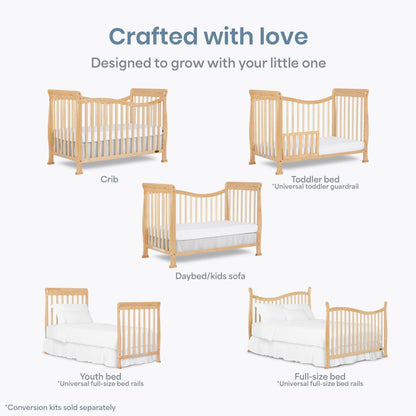 Dream On Me Violet 7-in-1 Convertible Full-Size Baby Crib with Toddler, Day & Full Bed Conversion in Natural, GreenGuard Gold & BSA, 4 Mattress Heights, Sustainable Pinewood