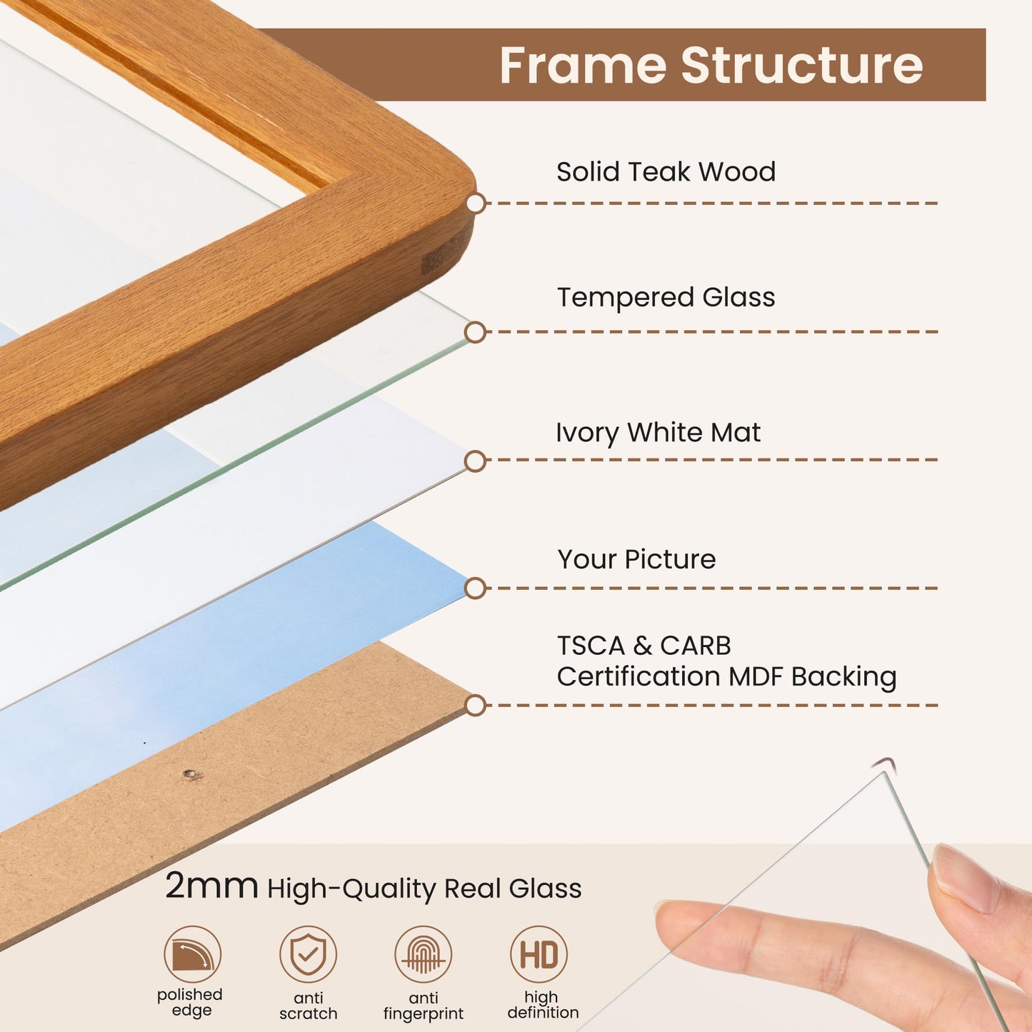 A3 Picture Frame,Natural Solid Teak Wood Photo Frame with HD Tempered Glass,A3 Photo Frames Matted to A4,Rounded Corner Wooden Frames Wall Decoration for Family/Graduation/Wedding/Certification