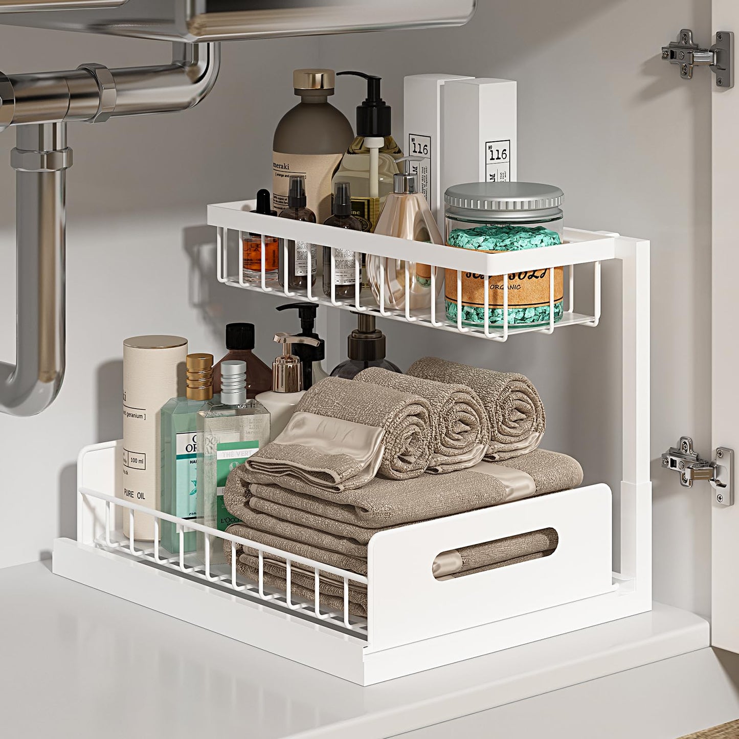 REALINN Under Sink Organizer, Pull Out Cabinet Organizer 2 Tier Slide Out Sink Shelf Cabinet Storage Shelves, Storage for Kitchen Bathroom, White, 2 Pack