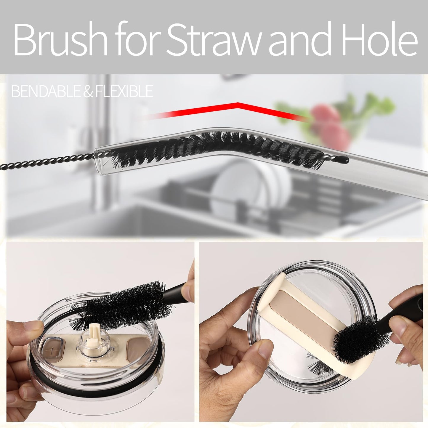 Bottle Brush Set 4 Pack - 15 Inch Long Handle Bottle Brush Cleaner with Stainless Steel Shaft, Straw Cleaner Brush and Lid Brush for Bottles, Thermos, Glasswares, Mugs, Cups, Tumblers