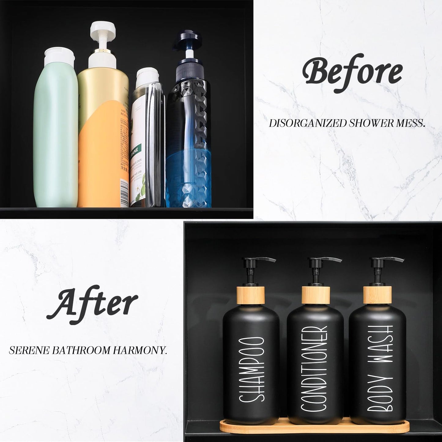 MOMEEMO Black Shower Soap Dispenser Set, Contains 3 Extra-Thick PET Plastic Bottles with Bamboo Pumps, Shampoo Bottles Refillable with Pump Perfect for Guest Room Must Haves. (Black)