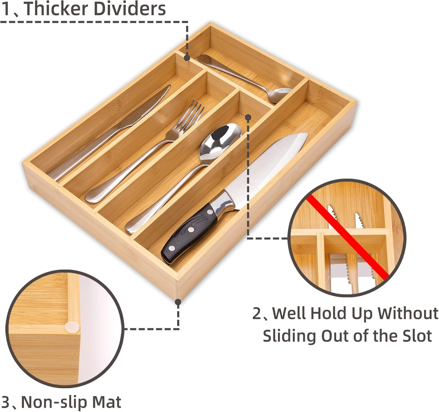 Silverware Organizer Bamboo Kitchen Drawer, Utensil Holder Cutlery Organizer Tray