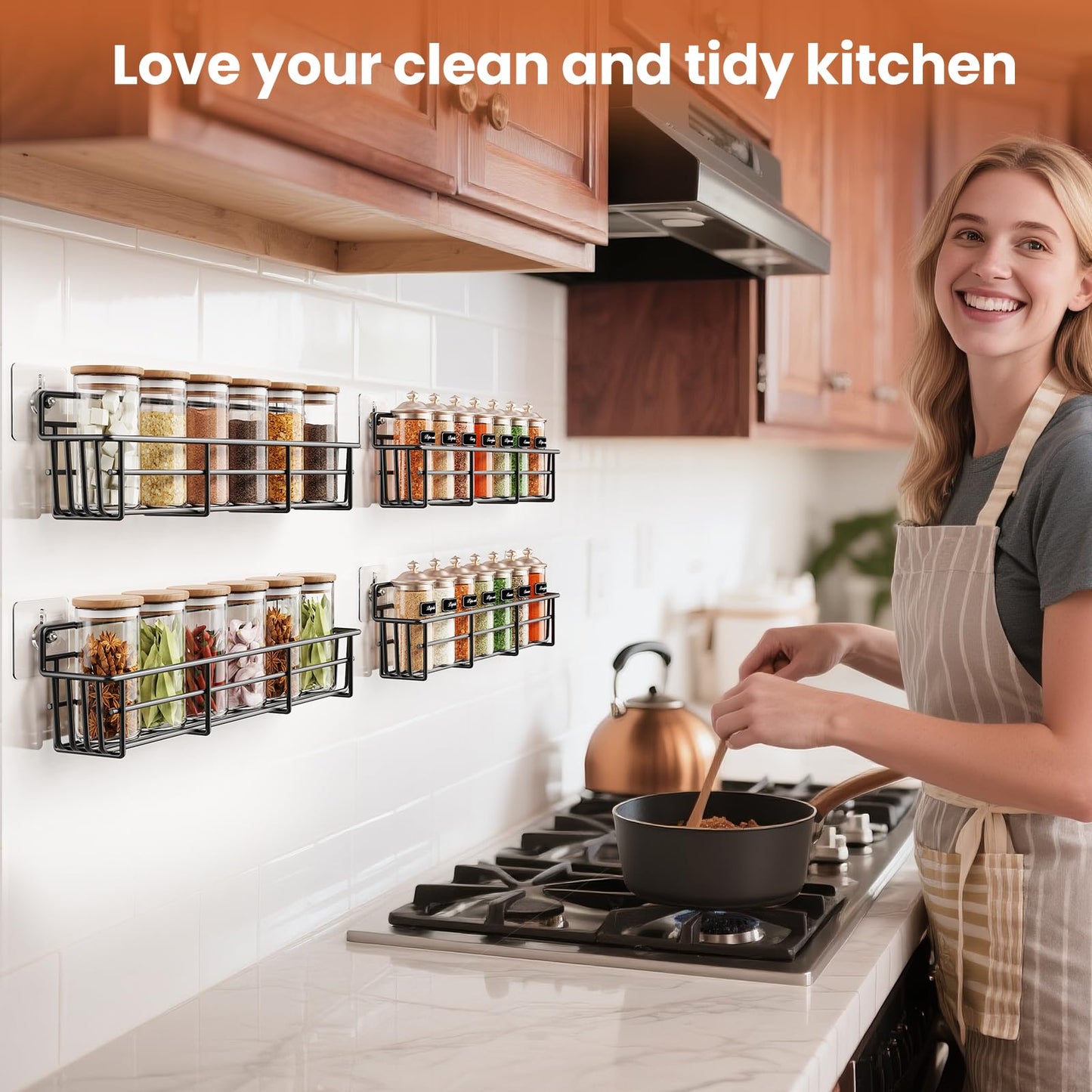 5 Pack Spice Rack Seasoning Organizer Wall Mount, Screw or Adhesive Hanging Shelf Basket Spice Organizer Shelf for Kitchen, Black