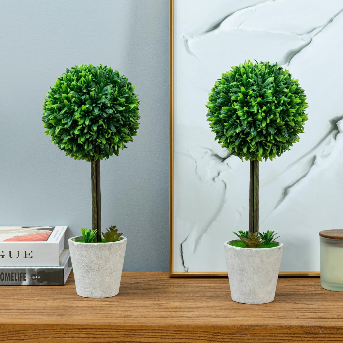 MyGift 15 Inch Boxwood Topiary Tree - 2 Pack Faux Plant Balls in Gray Pulp Planter, Tabletop Home Décor