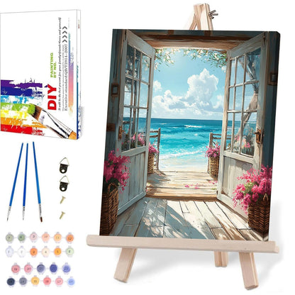 DIY Scenery Paint by Numbers Kit for Adults with Framed Canvas,Landscape Beach Digital Oil Painting Kit for Beginners,Acrylic Paint by Number Kits with Wooden Easel for Holiday Gifts 12X16 Inch.