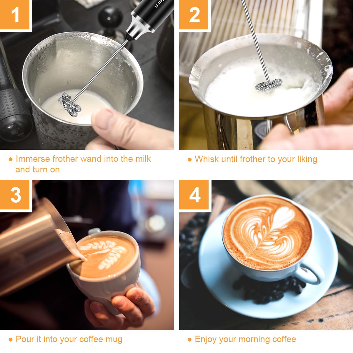 Philorn Milk Frother Wand Rechargeable, Handheld Coffee Drink Mixer Frother Foam Maker with 3 Heads 3 Speed for Lattes, Cappuccino, Frappe, Matcha, Hot Chocolate Egg Black (Black)