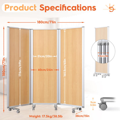 SWANCROWN Folding Office Partition 3-Panel Room Divider 71x71 in, Sliding Privacy Screen Portable Temporary Wall for Cubicle, Studio & Home Office, Wood Grain